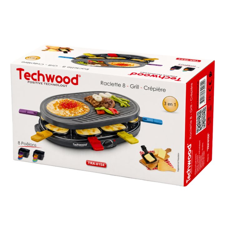 Appareil à raclette 8 poêlons grill crêpière Techwood