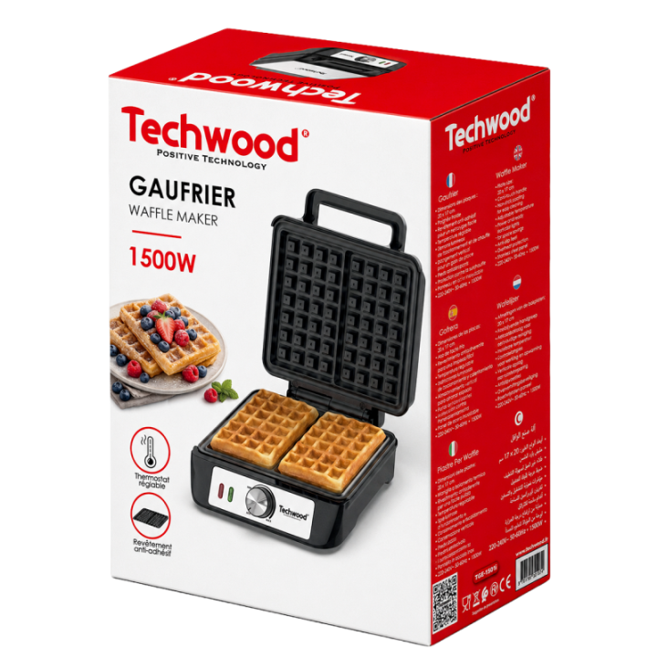 Gaufrier Techwood 1500W Inox | Température Réglable