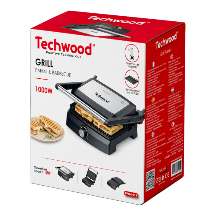 Grill Viande et Panini Techwood 1000W | Ouverture 180°
