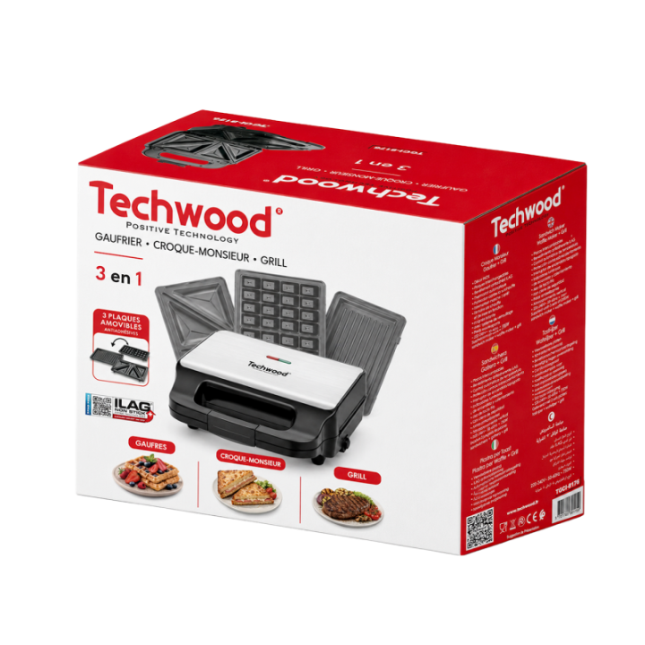 Appareil 3-en-1 Techwood Inox : Gaufrier, Croque et Grill
