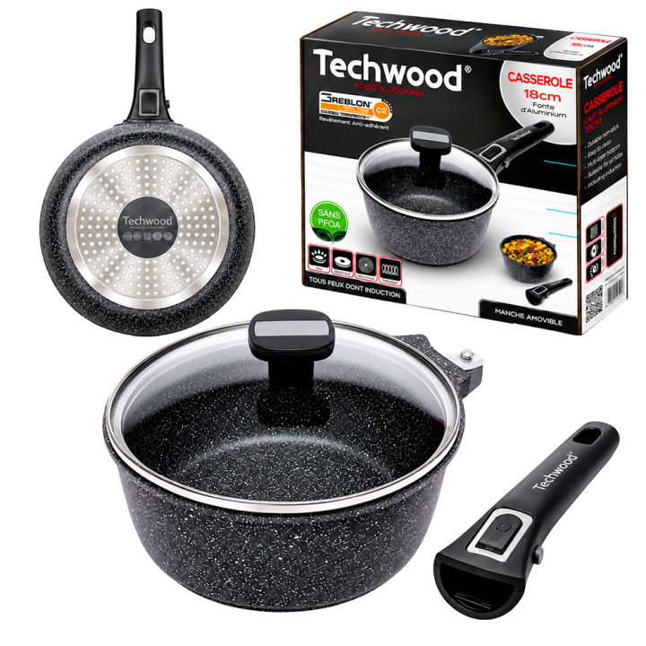 Casserole 18 cm Effet Pierre | Manche Amovible & Induction