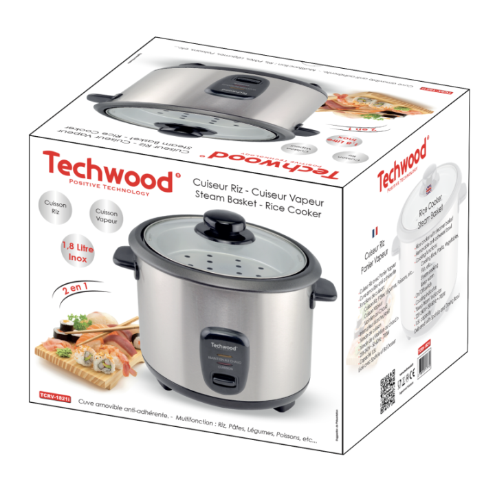 Cuiseur à Riz Techwood 1,8L avec Panier Vapeur | 700W