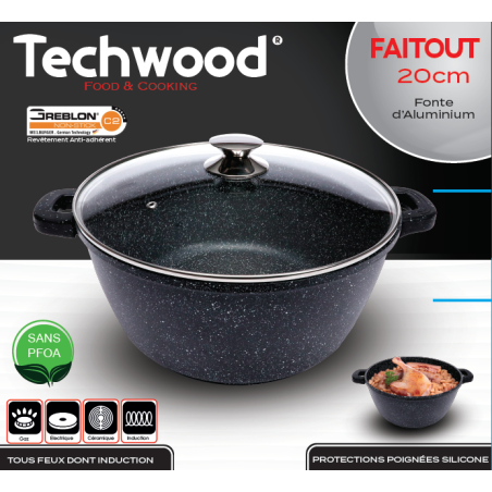 Faitout En Pierre Techwood 20 Cm – Fonte D'aluminium, Couvercle Verre, Compatible Tous Feux Et Four