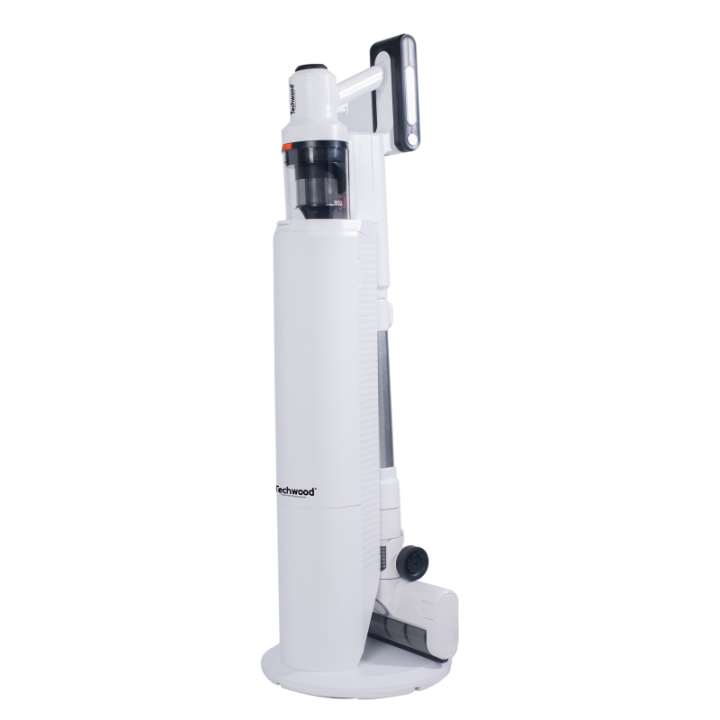 Upright vacuum cleaner with charging and cleaning station