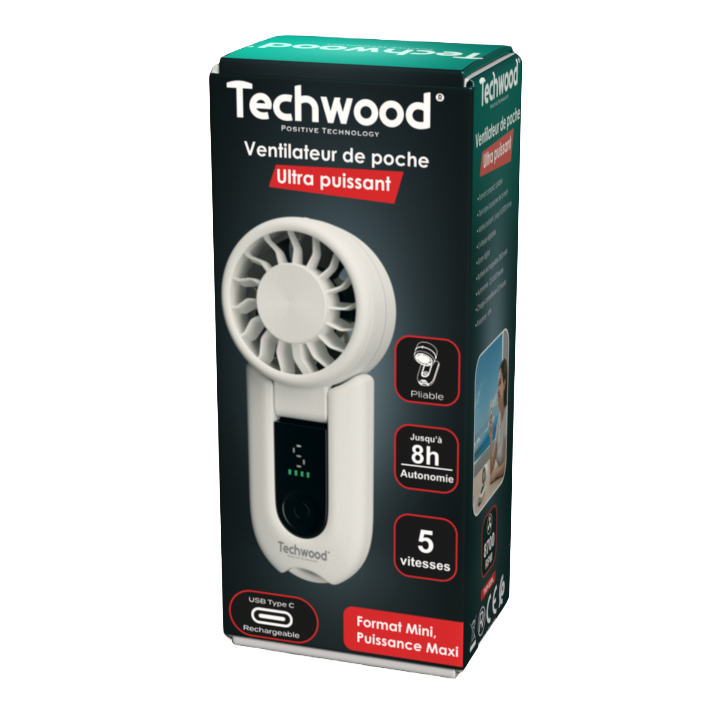 Ventilateur de poche Pliable & Digital - 5 Vitesses & Moteur Puissant