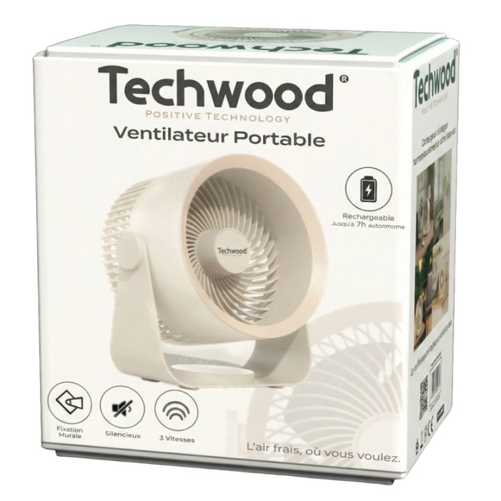 Ventilateur Portable Rechargeable USB-C | 3 Vitesses & Fixation Murale