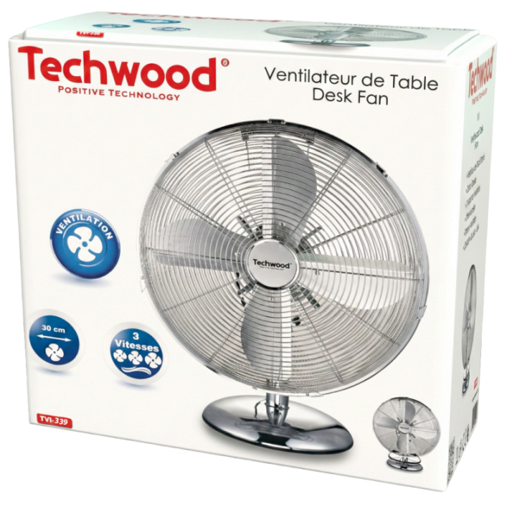 Ventilateur de Table Chromé 30cm | 3 Vitesses & Oscillant | 45W