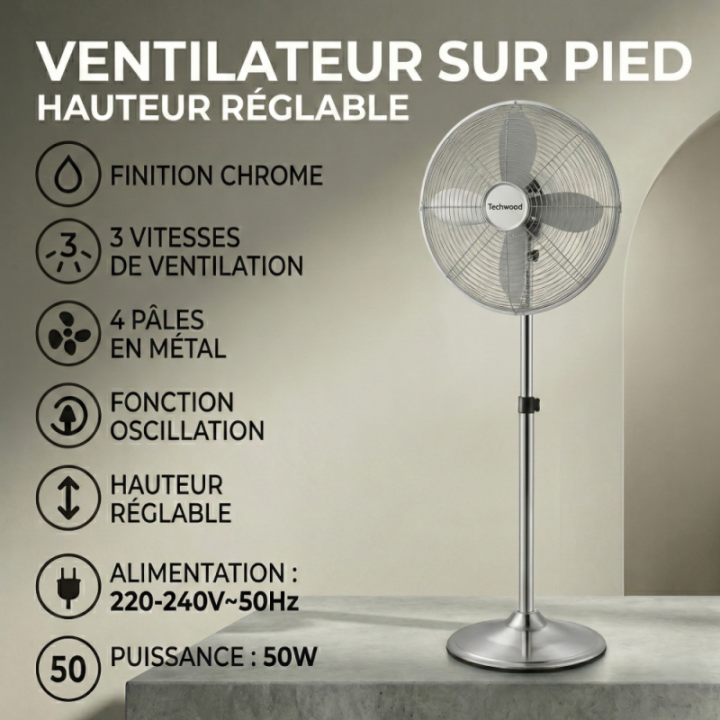 Ventilateur sur Pied Chromé 40cm | Hauteur Réglable | 50W