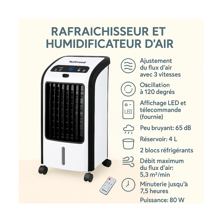 Rafraîchisseur d'Air Techwood 80W - Humidificateur 4L & Télécommande
