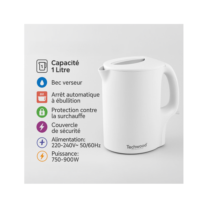 Bouilloire Techwood 1 Litre - 900W | Arrêt Automatique