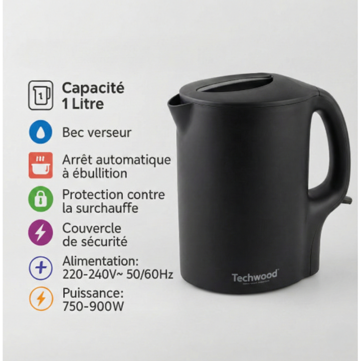 Bouilloire Électrique Techwood Noire 1 Litre - 900W