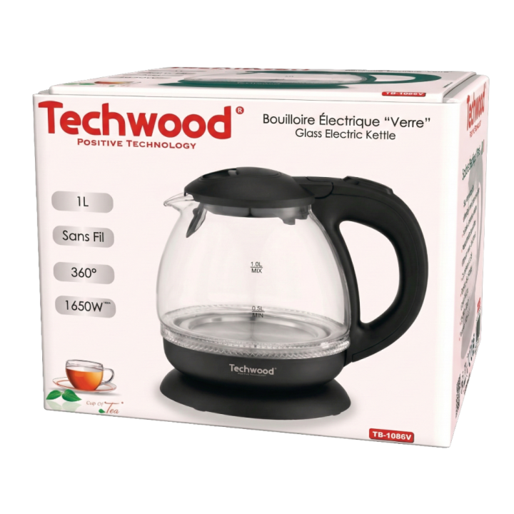 BOUILLOIRE TECHWOOD 1L 1650W | FILTRE, ARRÊT AUTO, 360°