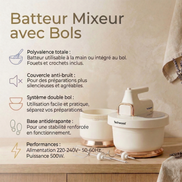 Batteur Mixeur Pâtissier Techwood 500W (2 Bols 3.5L)