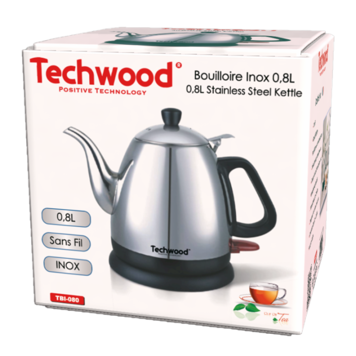 Bouilloire Techwood 0,8L Finition Chrome - Sans Fil & Inox