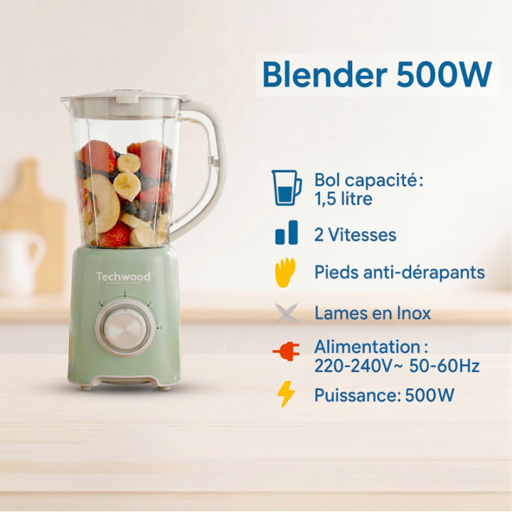 Blender Techwood 1,5L 500W - Lames Inox & Fonction Pulse