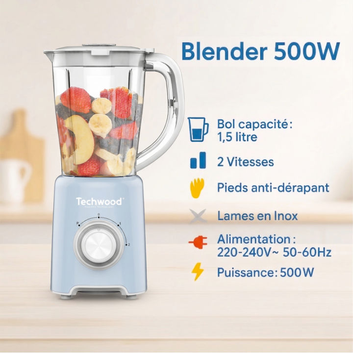 Blender Techwood 1,5L 500W - Lames Inox & Fonction Pulse