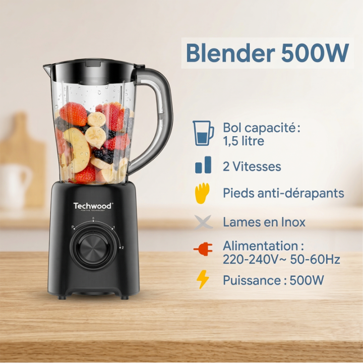 Blender Techwood 1,5L 500W - Lames Inox & Fonction Pulse