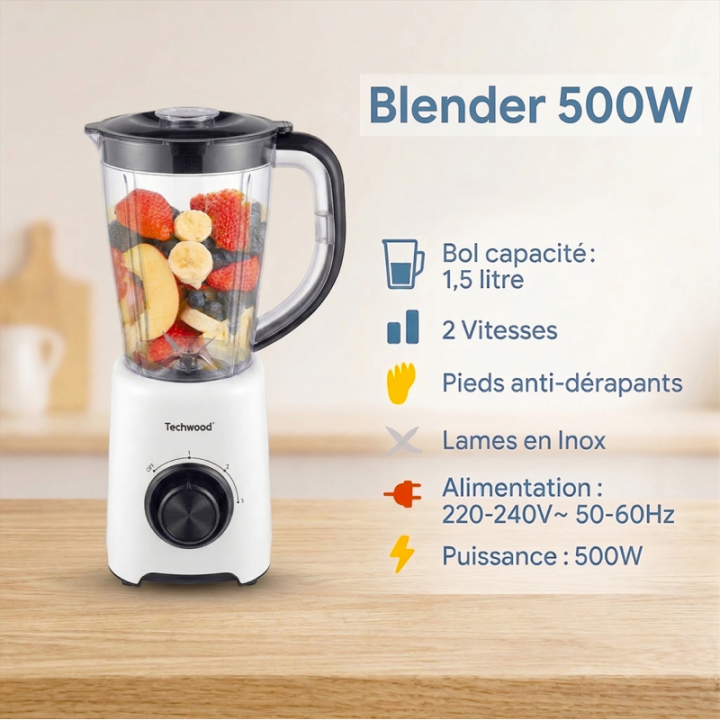 Blender Techwood 500W - Bol 1,5L & Lames Inox