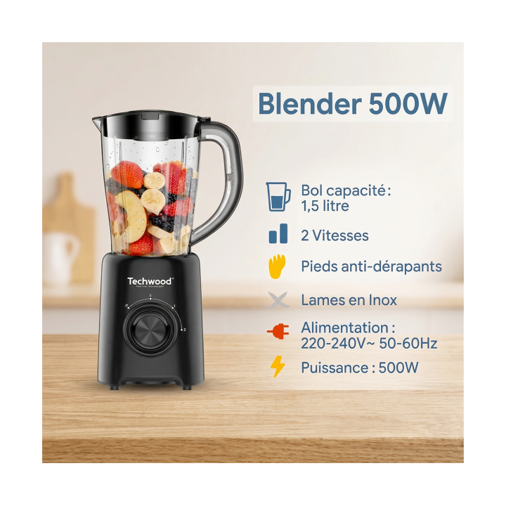 Blender Techwood 1,5L 500W - Lames Inox & Fonction Pulse