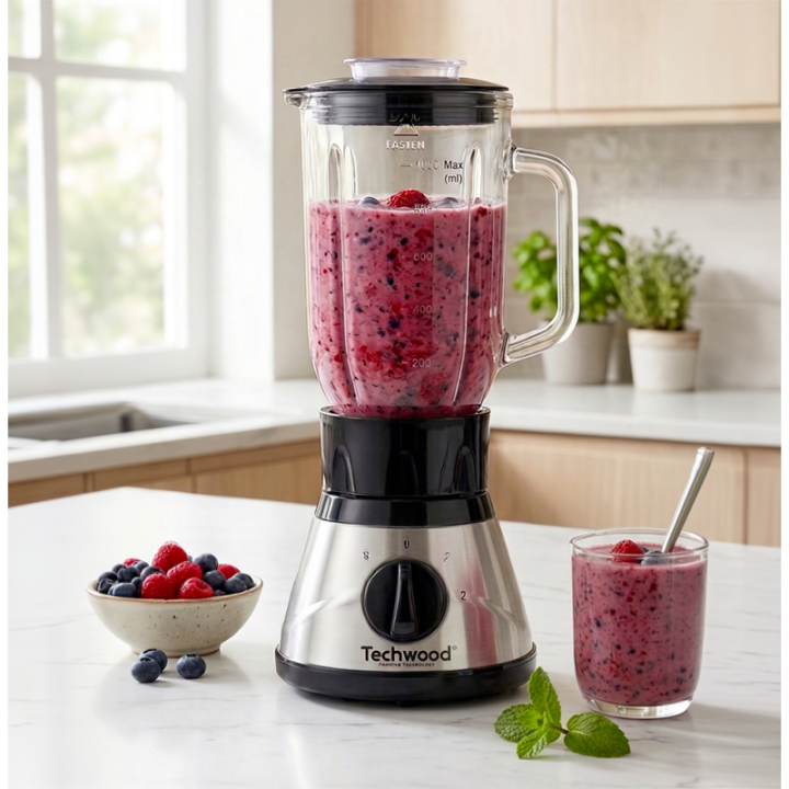 Blender Techwood Inox avec Bol Verre 1L - Glace Pilée