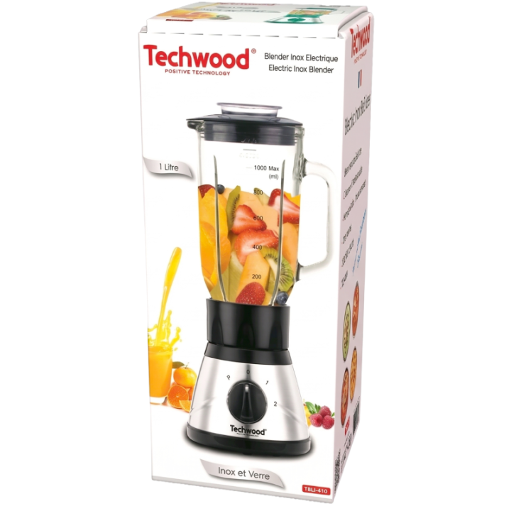 Blender Techwood Inox avec Bol Verre 1L - Glace Pilée
