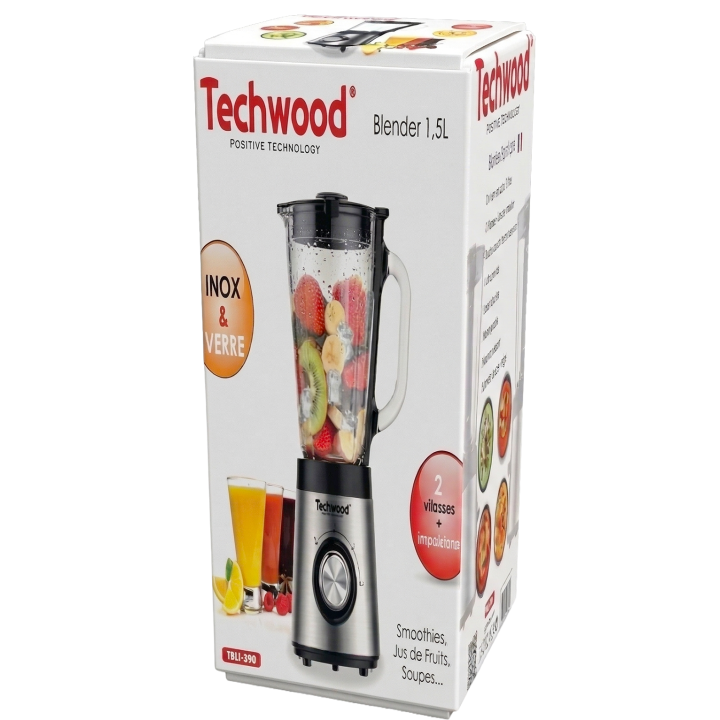 Blender Techwood 500W - Bol Verre 1,5L | Spécial Glace Pilée