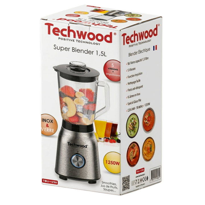 Blender Techwood Bol Verre 1,5L - 1250W Spécial Glace Pilée