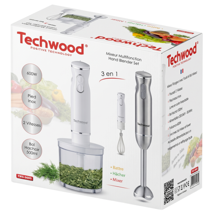 Mixeur 3 en 1 600W – Plongeur, fouet & hachoir avec pied inox