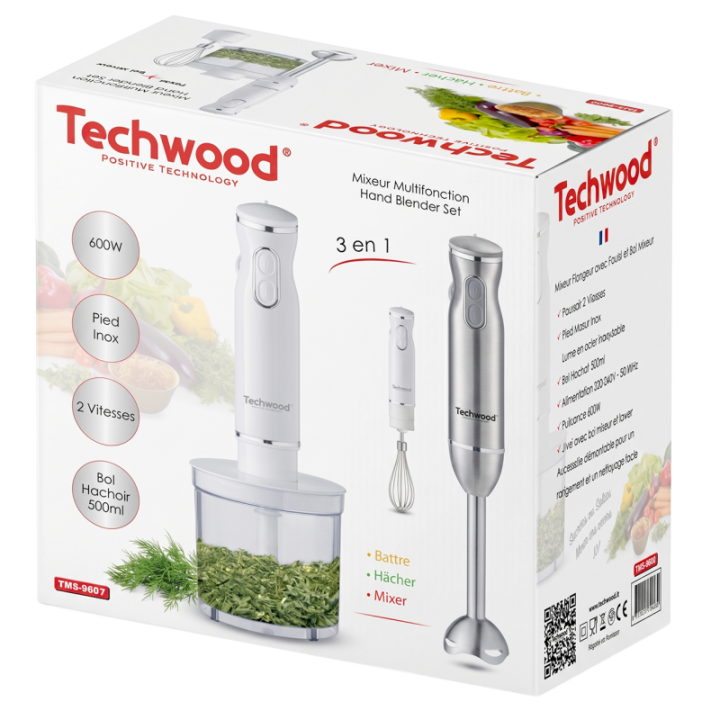 Mixeur 3 en 1 600W – Plongeur, fouet & hachoir avec pied inox