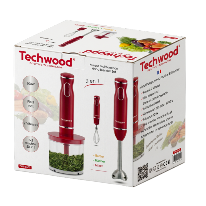 Mixeur 3 en 1 600W – Plongeur, fouet & hachoir avec pied inox