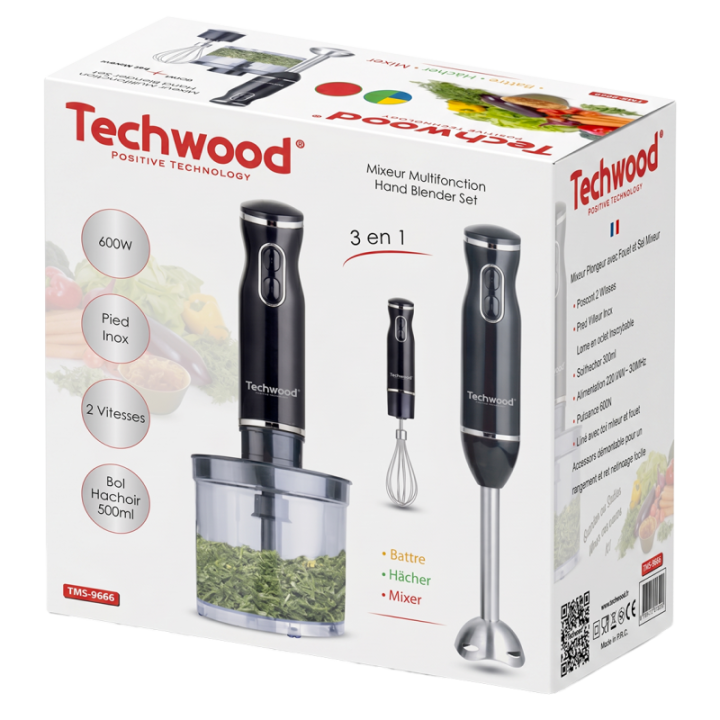 Mixeur 3 en 1 600W – Plongeur, fouet & hachoir avec pied inox