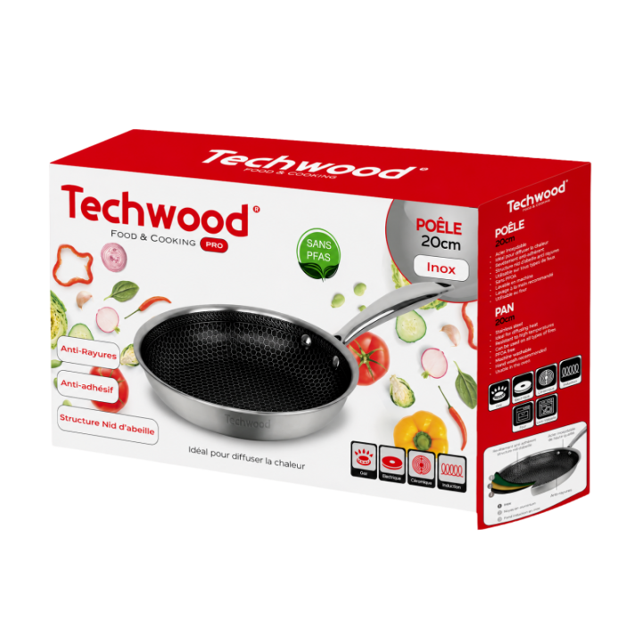 Poêle Inox 20cm Nid d'Abeille Anti-Adhésive - Techwood