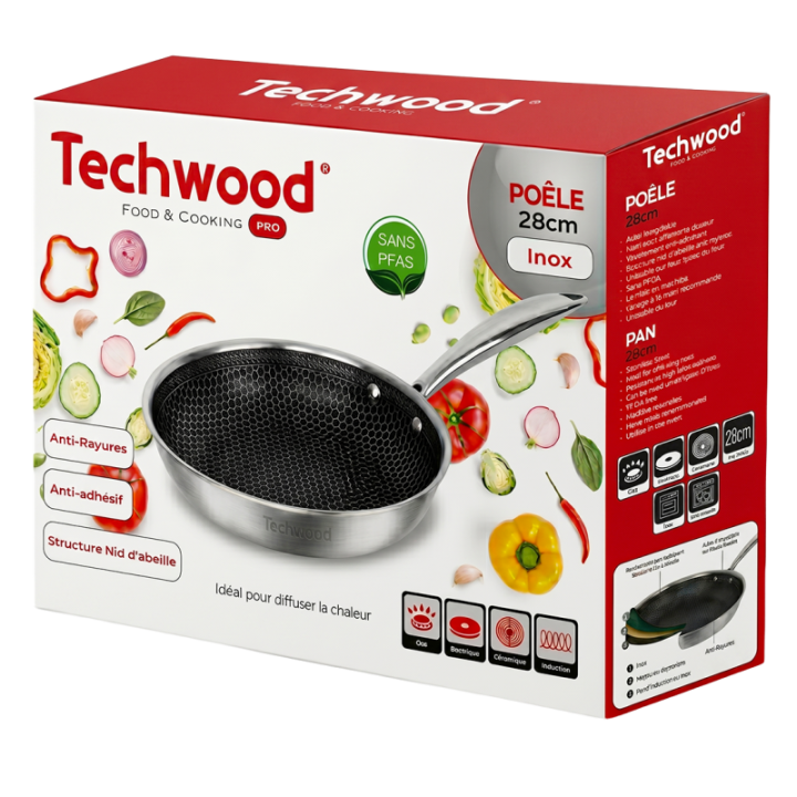 Poêle Inox 28 cm Nid d'Abeille Anti-Adhésive | Tous Feux