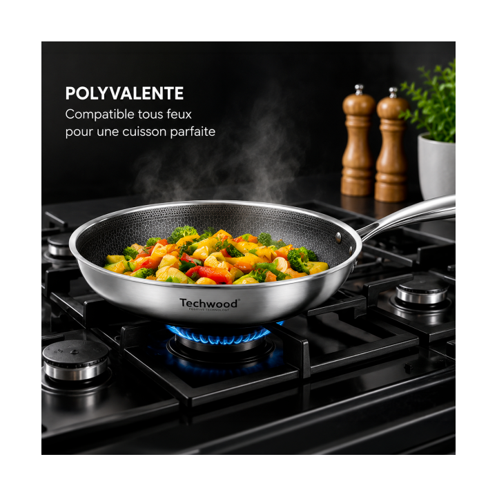 Poêle Inox 28 cm Nid d'Abeille Anti-Adhésive | Tous Feux