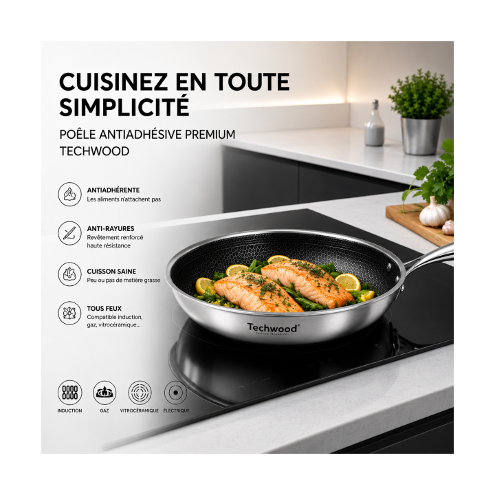 Poêle Inox 28 cm Nid d'Abeille Anti-Adhésive | Tous Feux