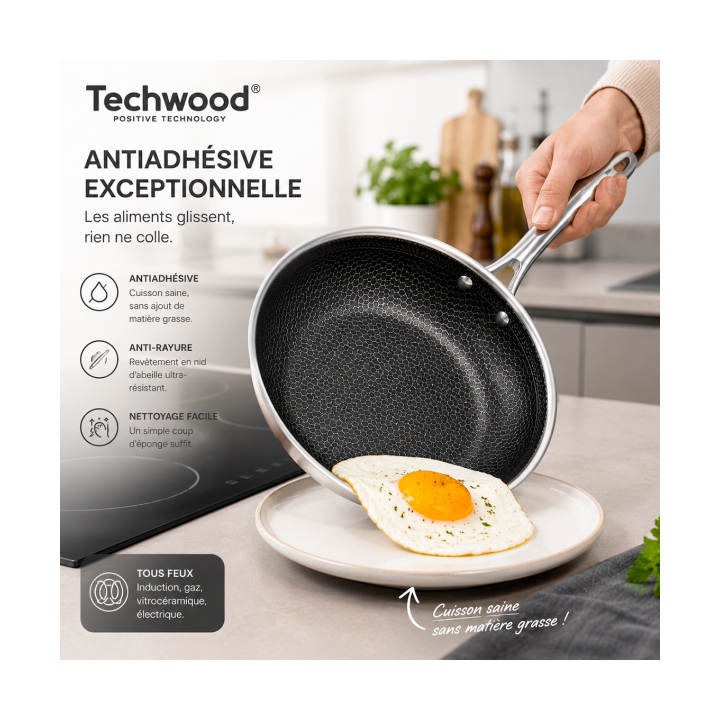 Poêle Inox 28 cm Nid d'Abeille Anti-Adhésive | Tous Feux
