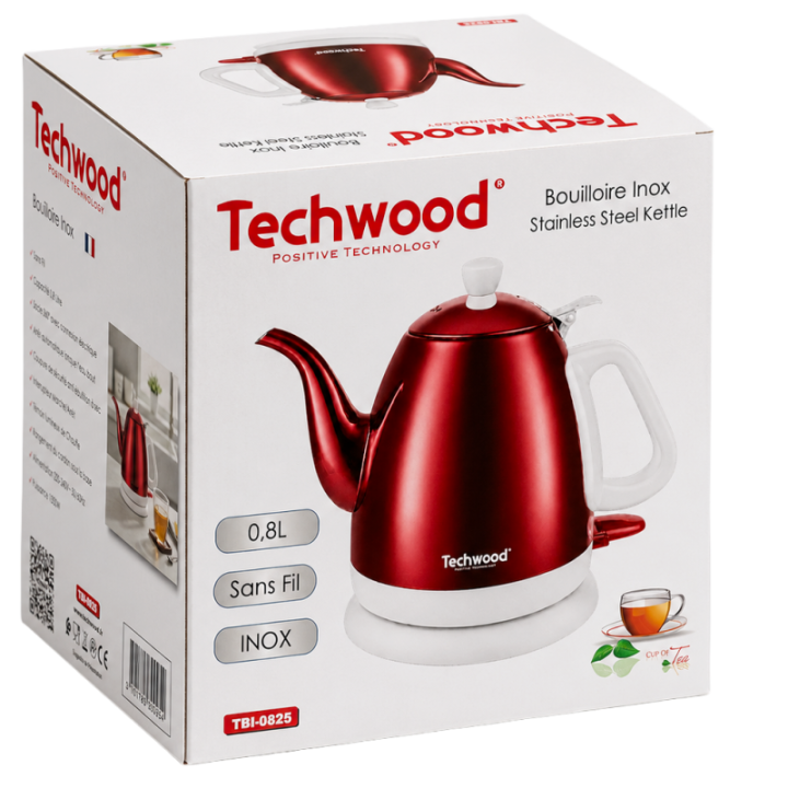 Bouilloire Techwood 0,8L Finition Chrome - Sans Fil & Inox