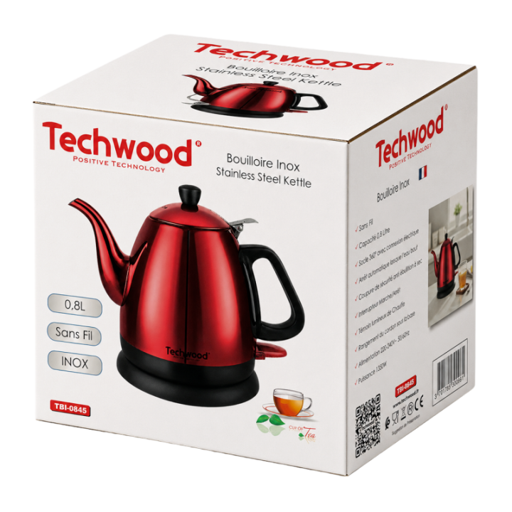 Bouilloire Techwood 1L Finition Chrome rouge - Sans Fil & Inox